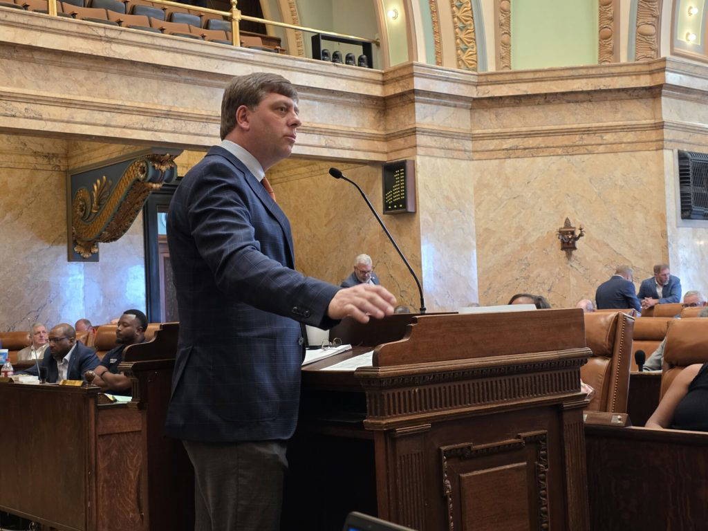 State Rep. Clay Deweese describes the Mississippi Division of Medicaid budget on the floor of the House on Sunday, March 29, 2026. (Photo by Jeremy Pittari | Magnolia Tribune)