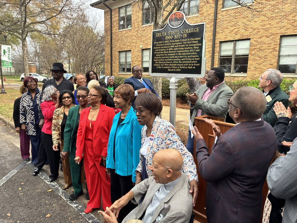 Participants in the 1969 sit-in by members of Delta State's Black Students Organization joined campus and community leaders to unveil the Freedom Trail Marker commemorating their historic actions.