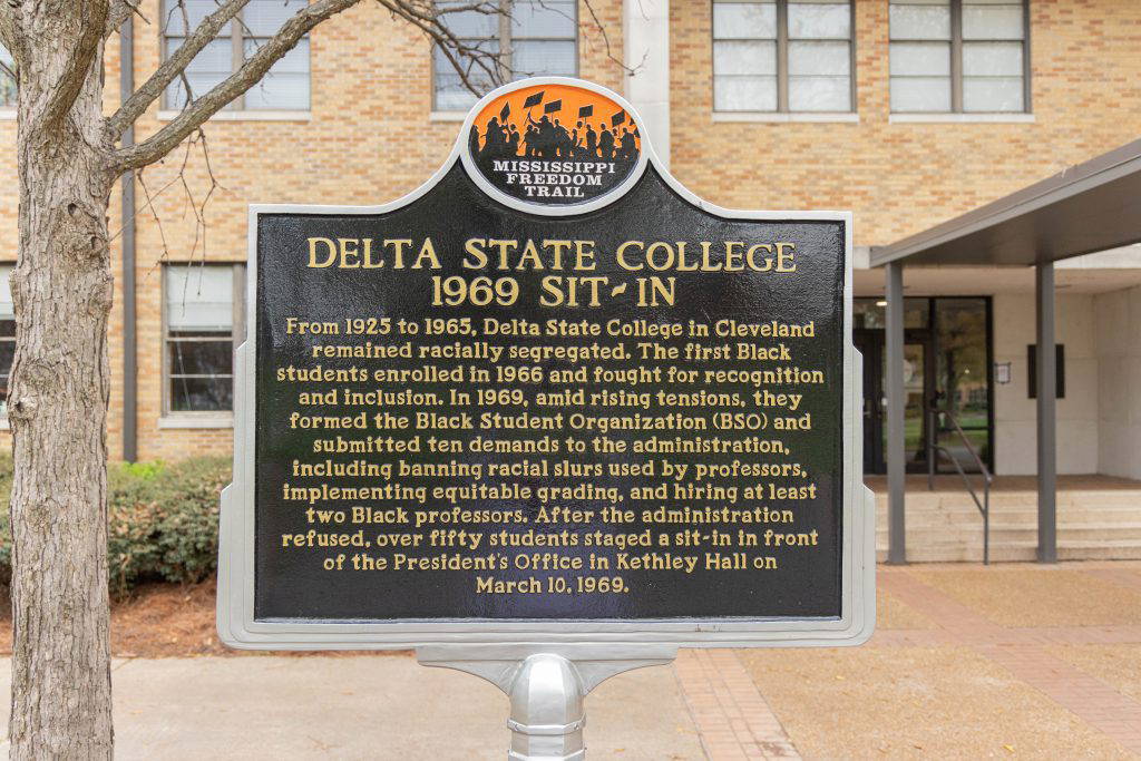 The new Mississippi Freedom Trail marker honoring the participants in the 1969 sit-in stands outside Kethley Hall on the DSU campus where it is easily accessible