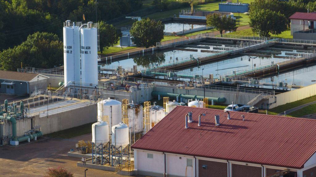 This is an aerial view of of the City of Jackson's O.B. Curtis Water Plant, Thursday, Sept. 1, 2022. (AP Photo/Steve Helber)