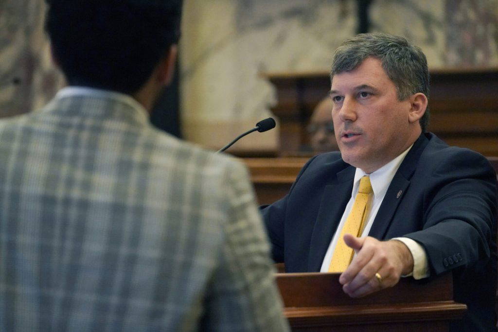 State Sen. Daniel Sparks speaks in the Chamber at the Mississippi Capitol in Jackson, Thursday, March 2, 2023. (AP Photo/Rogelio V. Solis)
