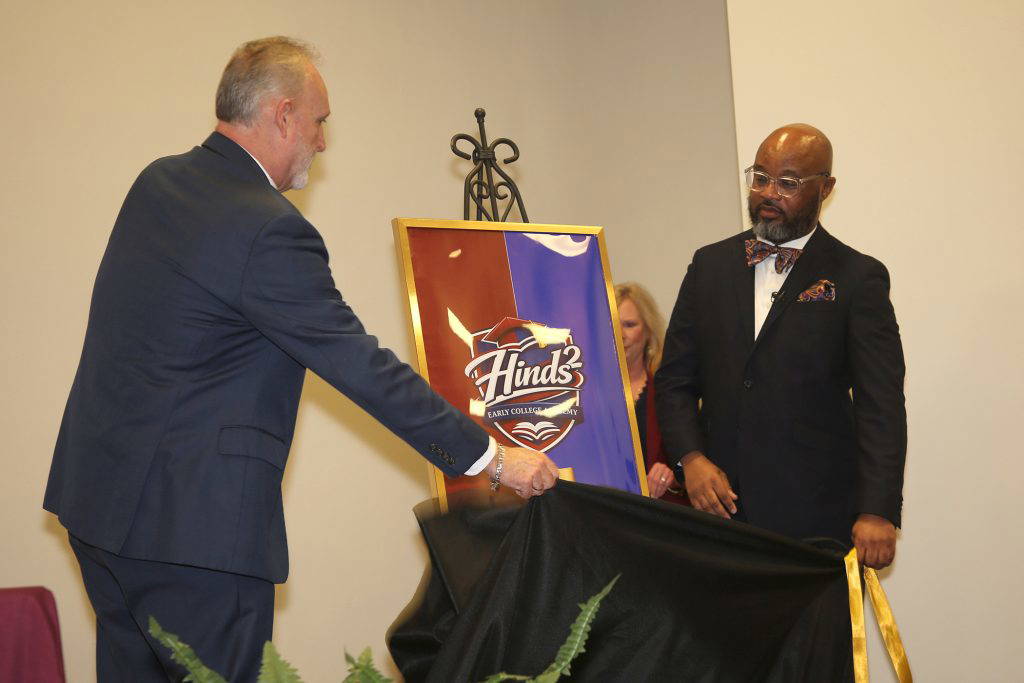 Hinds Community College President Dr. Stephen Vacik and Hinds County School District Superintendent Mitchell Shears on March 30, 2026 unveil the logo for Early College Academy, to be located on the HInds CC-Utica Campus.
