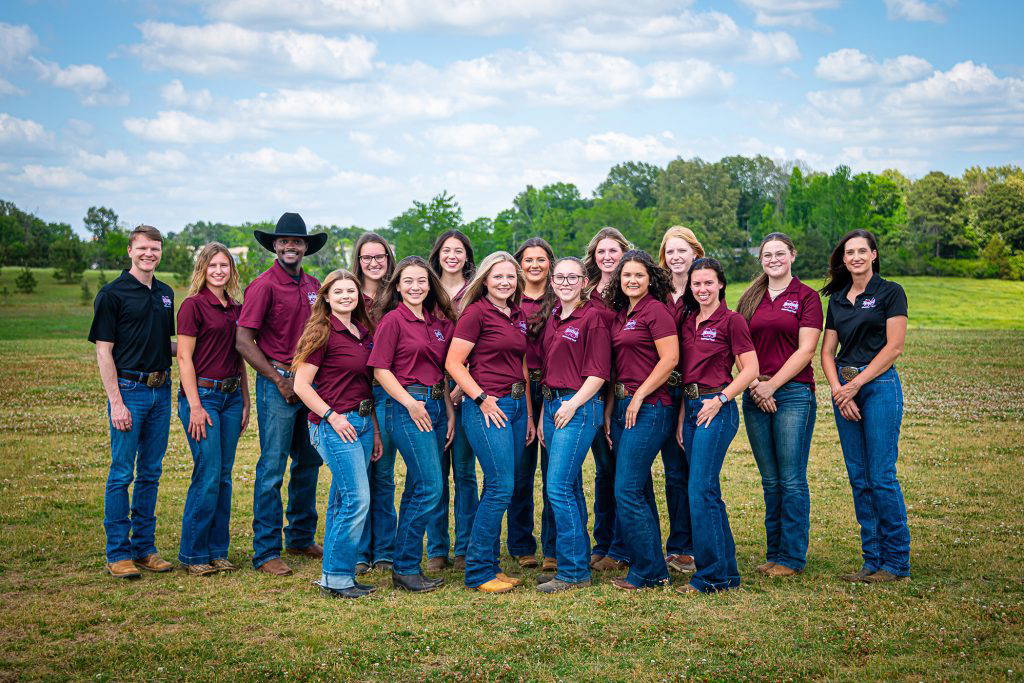 The Mississippi State University Western Equestrian Team, bound for nationals, includes, front row left to right: Olivia Trotter, psychology senior; Hayley Pettus, animal and dairy sciences junior; Carrie Brigham, agricultural engineering, technology, and business freshman; Elizabeth Gardner, animal and dairy sciences junior; Claudia Pouncey, agricultural education, leadership and communications senior; and Katy Kendall Ware, animal and dairy sciences senior. Back row, left to right: Justin Crowley, MSU Equestrian Team Hunter Seat Coach; Chloe Joiner, animal and dairy sciences sophomore; Zion Harris, animal and dairy sciences senior; Sarah Broyles, animal and dairy sciences senior; Pamela Adam, interdisciplinary studies junior; Wren Algee, psychology senior; Natalie Ruha, criminology senior; Lillie Reid, animal and dairy sciences freshman; Breana Souders, animal and dairy sciences senior; and Ashley Glenn, MSU Equestrian Team head coach and facilities supervisor of the MAFES Horse Unit. Not pictured are Makenzie Moore, veterinary medical technology junior; Josi Johnson, agricultural education, leadership and communications senior; and Isabella Ladner, chemical engineering junior. (Photo by David Ammon)