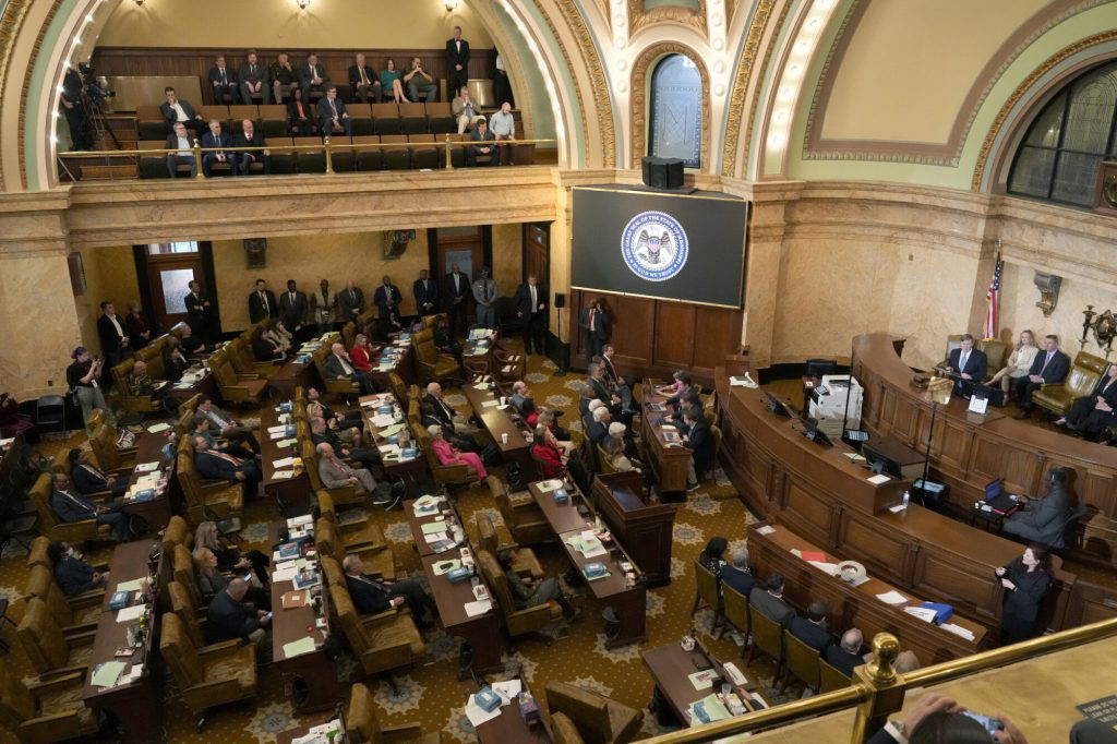 Mississippi House of Representatives chamber, Monday, Feb. 26, 2024, at the state Capitol in Jackson, Miss. (AP Photo/Rogelio V. Solis)