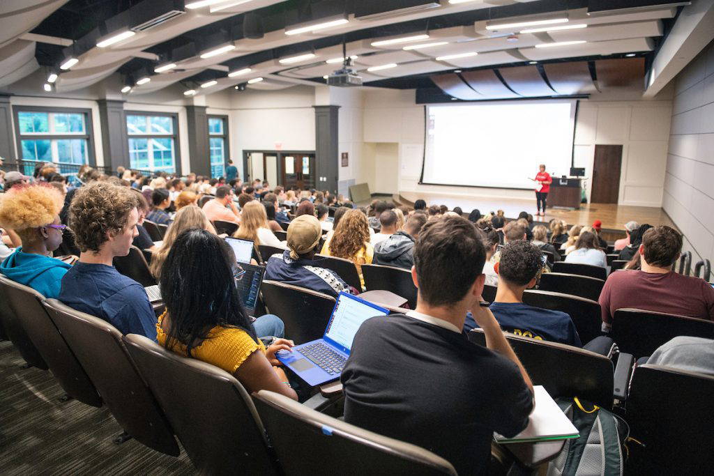 History professor Kathryn Barbier welcomes students to a morning class in Old Main Academic Center on the first day of the Fall Semester. (photo by Megan Bean / © Mississippi State University)