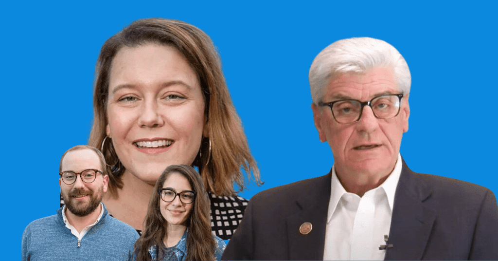 Mississippi Today CEO Mary Margaret White, Editor-in-Chief Adam Ganucheau, and reporter Anna Wolfe (left) and former Governor Phil Bryant (right)