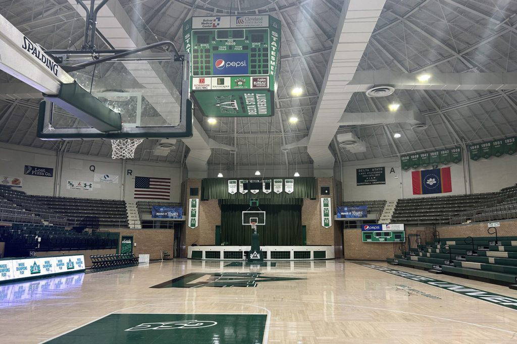 The Delta State basketball court is seen, Feb. 17, 2026, in Cleveland, Miss. (AP Photo/Alanis Thames)