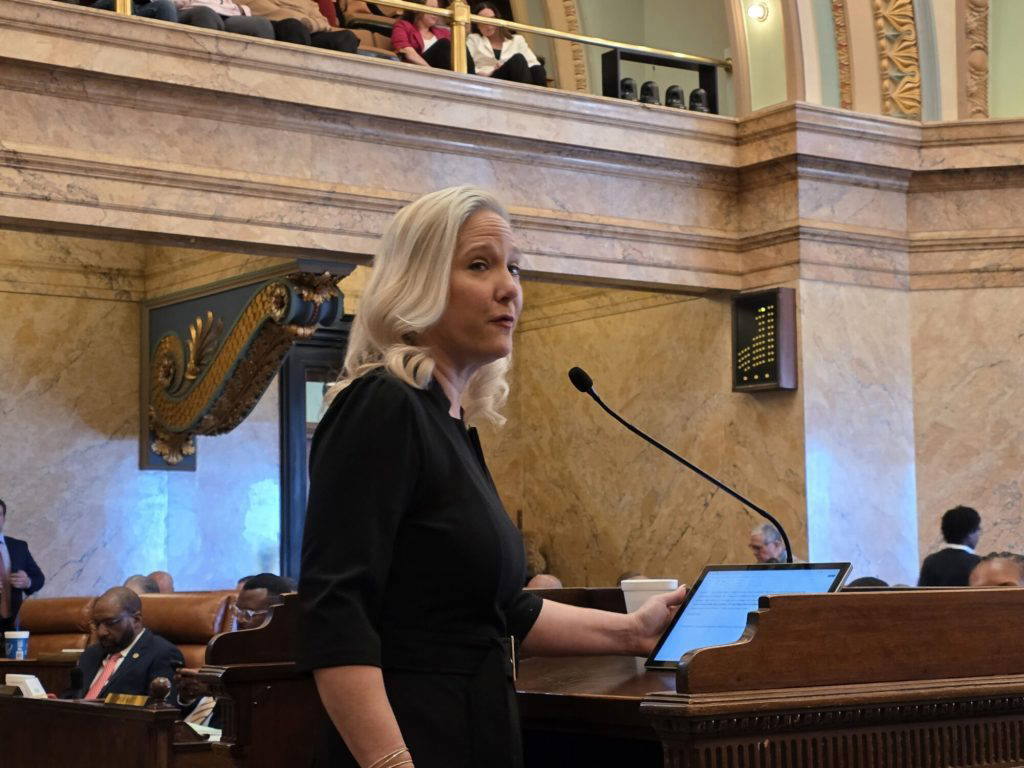 State Rep. Celeste Hurst (R) speaks in support of HB 2 earlier in the 2026 legislative session. Wednesady, she introduced an amendment to include abortion inducing drugs to HB 1613, which was adopted. (Photo by Jeremy Pittari | Magnolia Tribune)