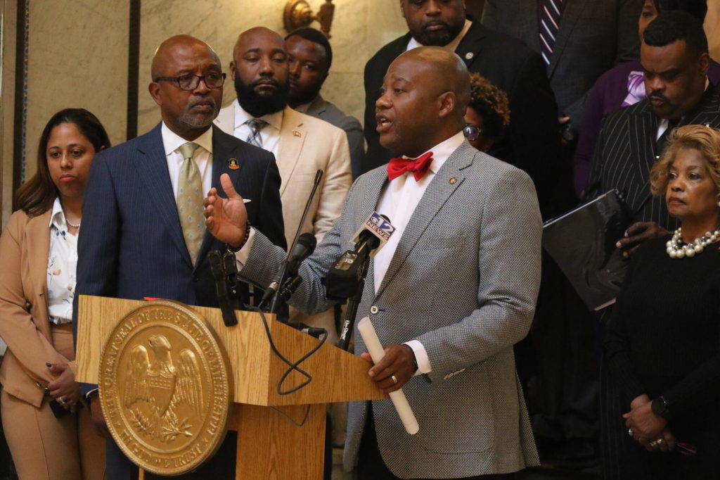 From left, House Minority Leader Robert Johnson and Senate Minority Leader Derrick Simmons address the press prior to sine die of the 2026 legislative session. (Photo by Jeremy Pittari | Magnolia Tribune)