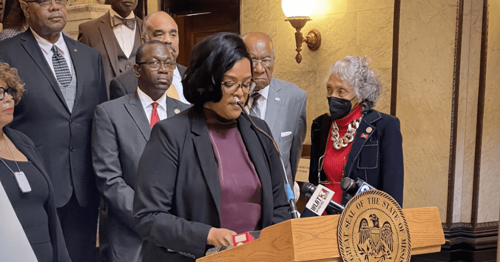 State Senator Angela Turner-Ford speaks on behalf of the Mississippi Legislative Black Caucus at the start of the 2023 session. (Photo from Magnolia Tribune)