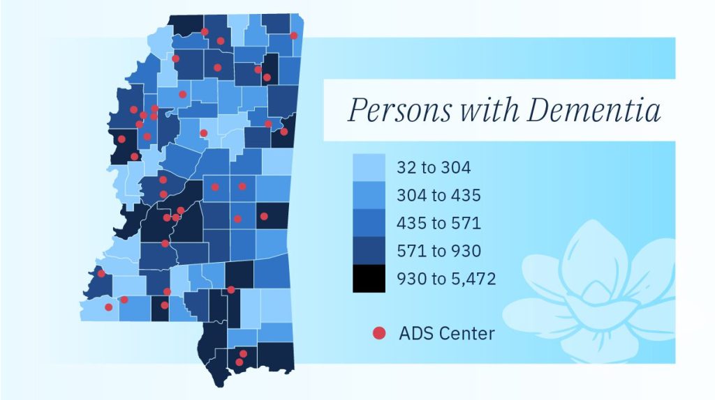 Many counties in Mississippi lack adult day services, including several that have large numbers of residents with dementia. A new University of Mississippi-led study found that all Mississippi counties are underserved in such services, which are critical care programs for people with dementia and other cognitive issues. Graphic by Cole Russell/University Marketing and Communications
