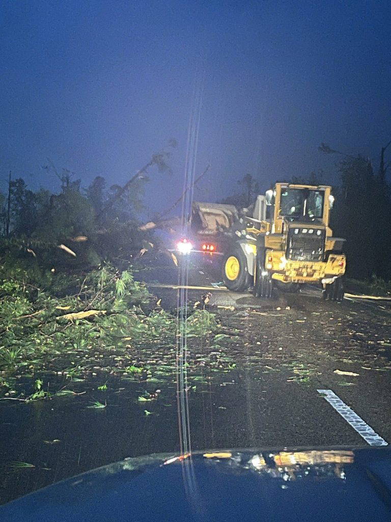 MDOT crews work to clear roads of debris left by a storm that included several tornadoes that damaged hundreds of homes across several counties in Mississippi on May 6, 2026. Photo from Mississippi Department of Transportation.