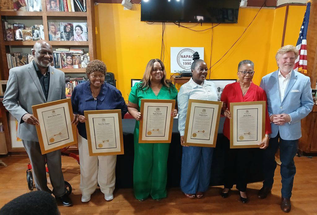Recipients of the Keys to the City stand with Mayor Dan Gibson during the “Kickback at NAPAC” program at the Natchez Museum of African American History and Culture on June 16. From left are the Rev. Melvin White, Laura Ann Jackson, Angela Reynolds, Kristina Carter, Norma West, and Mayor Dan Gibson. Photo by