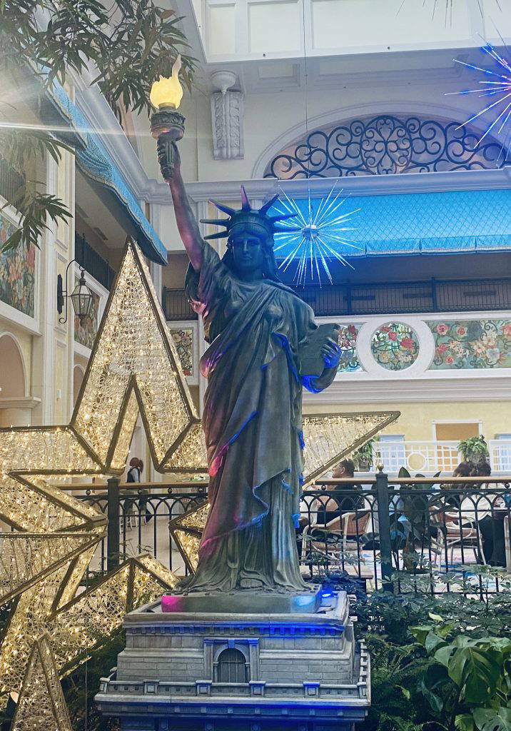 A replica of the Statue of Liberty, complete with a lighted torch, greets guests as they enter the lobby at the Beau Rivage, much like the original Lady Liberty greeted immigrants enroute to the U.S. in the previous centuries.