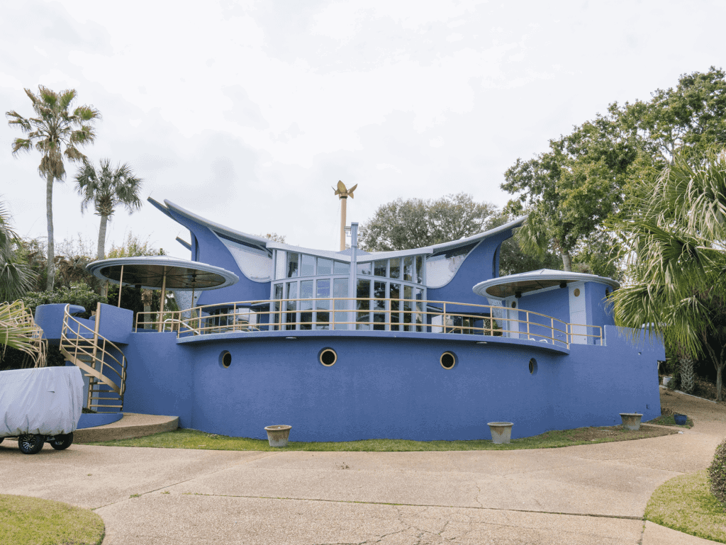 The W.C. and Elaine Gryder House on Iola Road in Ocean Springs is one of Mississippi’s best examples of Organic architecture, designed by architect Bruce Goff, a prominent Organic architect who specifically designed the home for its occupants, William Conneil and Elaine Gryder (From MDAH)