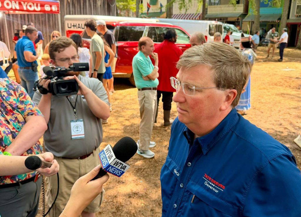 Governor Tate Reeves speaks with the press after his remarks on Founders Square, June 25, 2026 (Photo by Frank Corder | Magnolia Tribune)