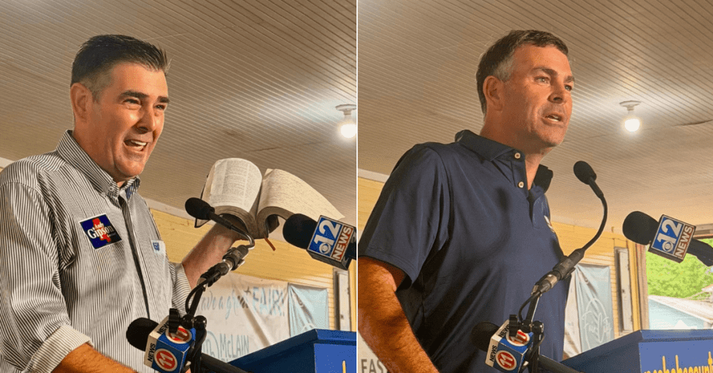 Agriculture Commissioner Andy Gipson and Secretary of State Michael Waton speak at the Neshoba County Fair, June 26, 2026 (Photo by Frank Corder | Magnolia Tribune)
