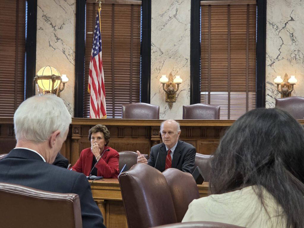 From left, Senators Rita Parks (R) and Hob Bryan (D) discuss bills during the 2026 legislative session. (Photo by Jeremy Pittari | Magnolia Tribune)