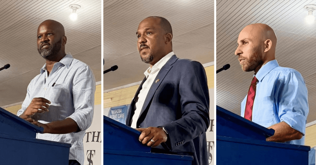 Candidates (left to right): Ty Pinkins (I), Scott Colom (D), and Michael Chiaradio (D) speak at the Neshoba County Fair, June 24, 2026 (Photo by Frank Corder | Magnolia Tribune)
