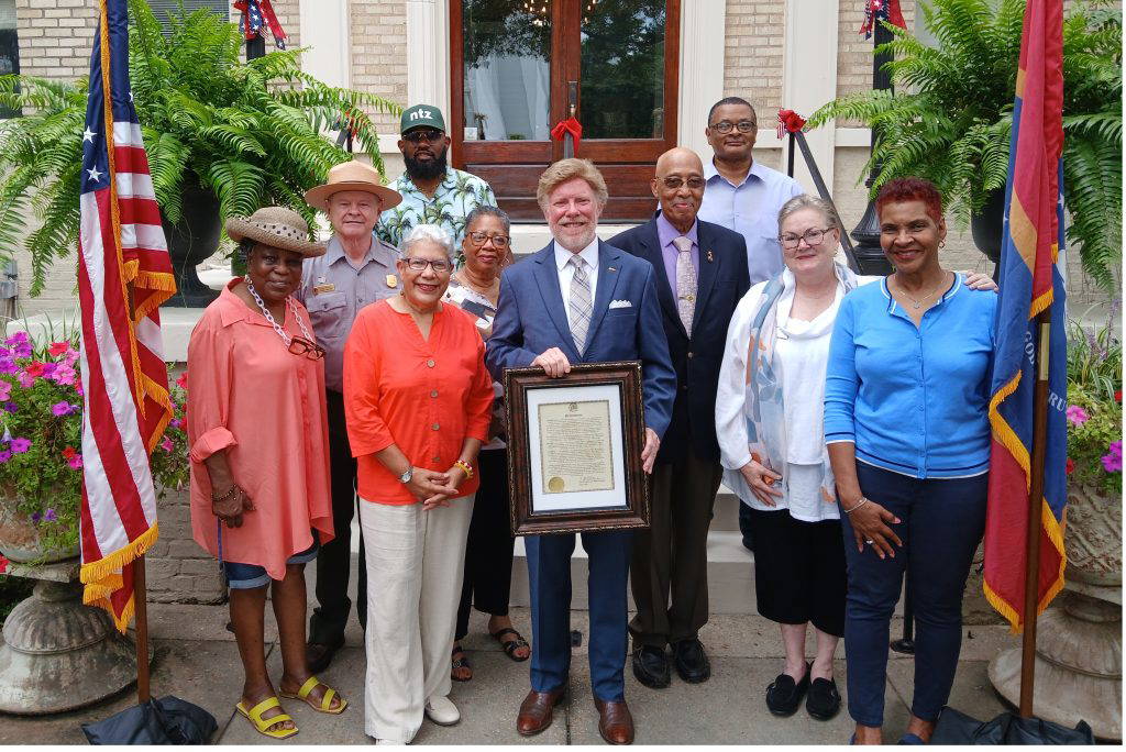 Mayor Dan Gibson issued a proclamation on Monday, July 13, on the front steps of City Hall recognizing Julyteenth — the day freedom came to Natchez with the arrival of the Union Army on July 13, 1863. Pictured (front row, left to right): Thelma Newsom, Alderwoman Valencia Hall, Mayor Dan Gibson, Chesney Doyle, and Vel Robinson. Second row (left to right): historian Jeff Mansell, Norma West, and the Rev. Clifton Marvel Sr. Back row (left to right): Joseph A.C. Smith and Roscoe Barnes III.