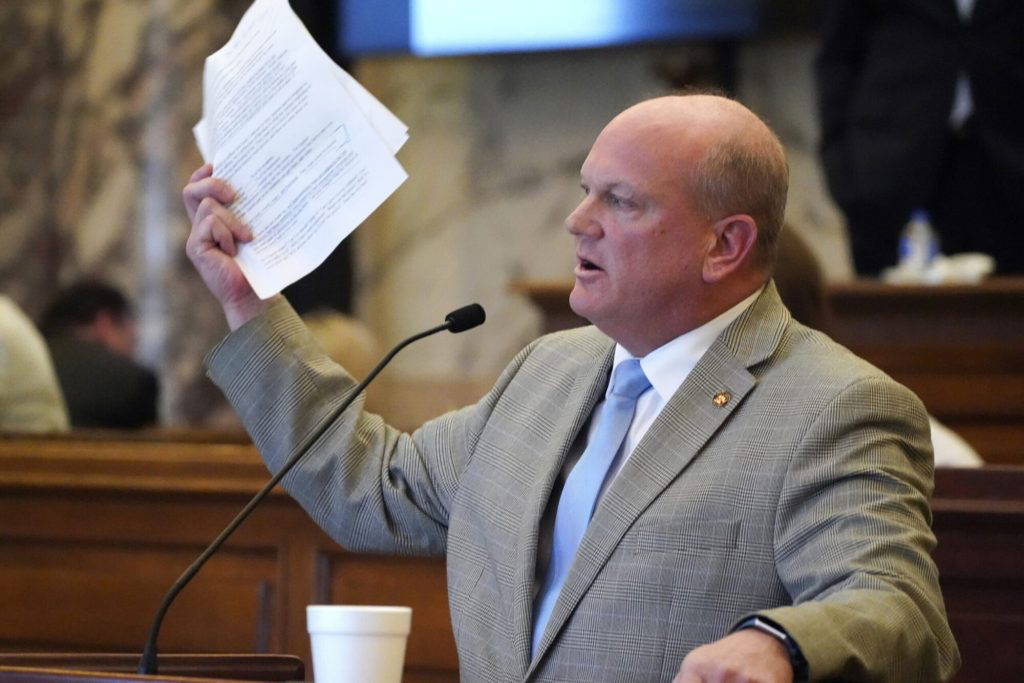 Senate Judiciary A Committee Chairman Brice Wiggins, R-Pascagoula, waves a letter asking for help to combat crime in Jackson, Miss., during his call for support for the controversial Jackson Capitol Complex Improvement District bill, Thursday, March 30, 2023, at the Capitol in Jackson, Miss. (AP Photo/Rogelio V. Solis - Copyright 2023 The Associated Press. All rights reserved.)