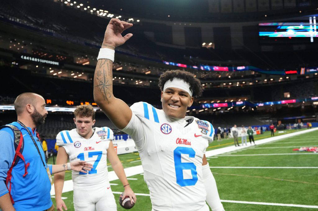 Mississippi quarterback Trinidad Chambliss (6) celebrates after the Sugar Bowl NCAA college football playoff quarterfinal game against Georgia in New Orleans, Thursday, Jan. 1, 2026. (AP Photo/Mathew Hinton)