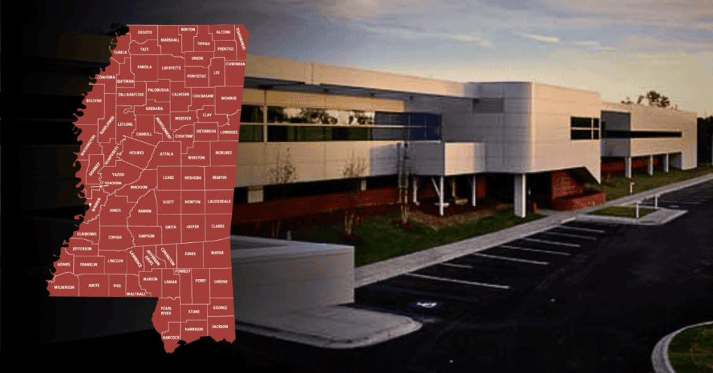 Mississippi county map with photo of Jackson County Administration Building (from county website)