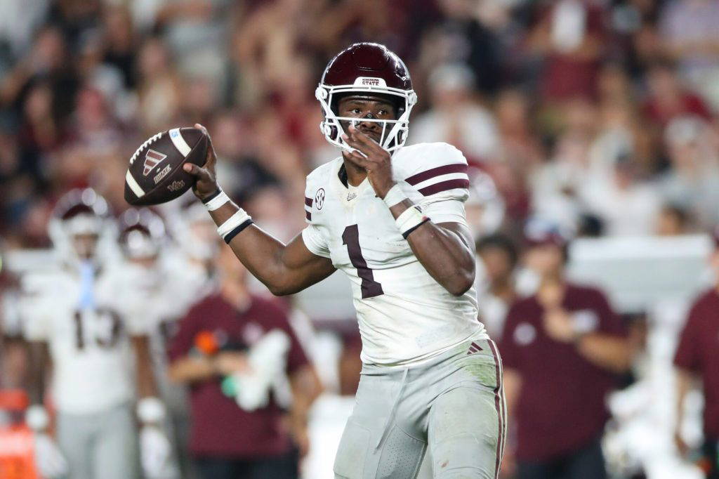 Mississippi State quarterback Kamario Taylor (1) drops back for a pass during the second half of an NCAA college football game against South Carolina Saturday, Sept. 19, 2026, in Columbia, S.C. (AP Photo/Artie Walker Jr.)
